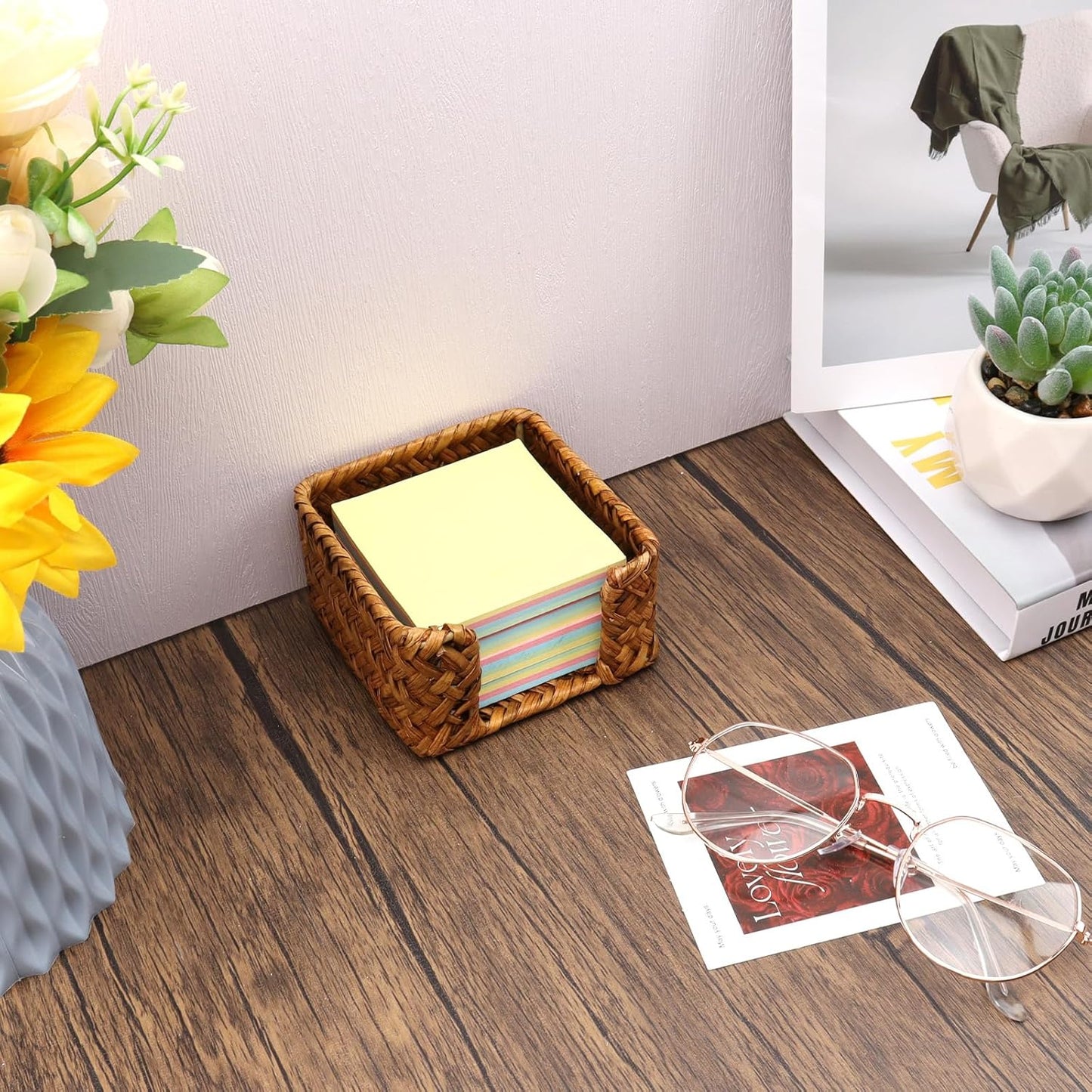 Sticky Note Holder Seagrass Post It Note Dispenser, 3 x 3 Inch Woven Sticky Note Dispenser, Farmhouse Post It Holder for Desk Home Office Decor, Caramel