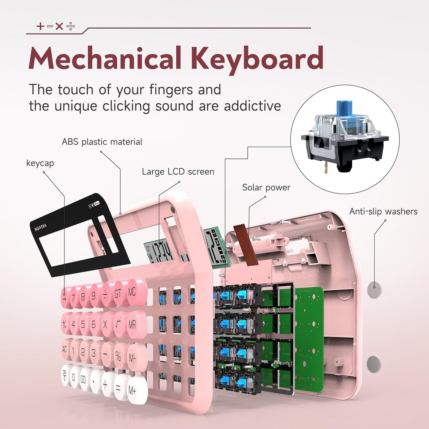 Mechanical Calculator,12 Digits, Large LCD Display,Big Buttons,Solar and Battery Dual Power Mechanical Keyboard Desktop Pink Calculators,Cute and Aesthetic (Pink, Large)