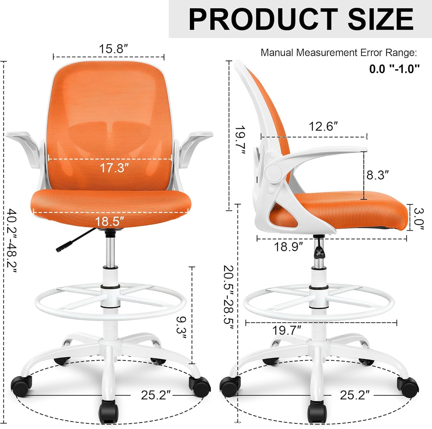 Primy Drafting Chair Tall Office Chair with Flip-up Armrests Executive Ergonomic Computer Standing Desk Chair with Lumbar Support and Adjustable Footrest Ring (Sunset Orange)