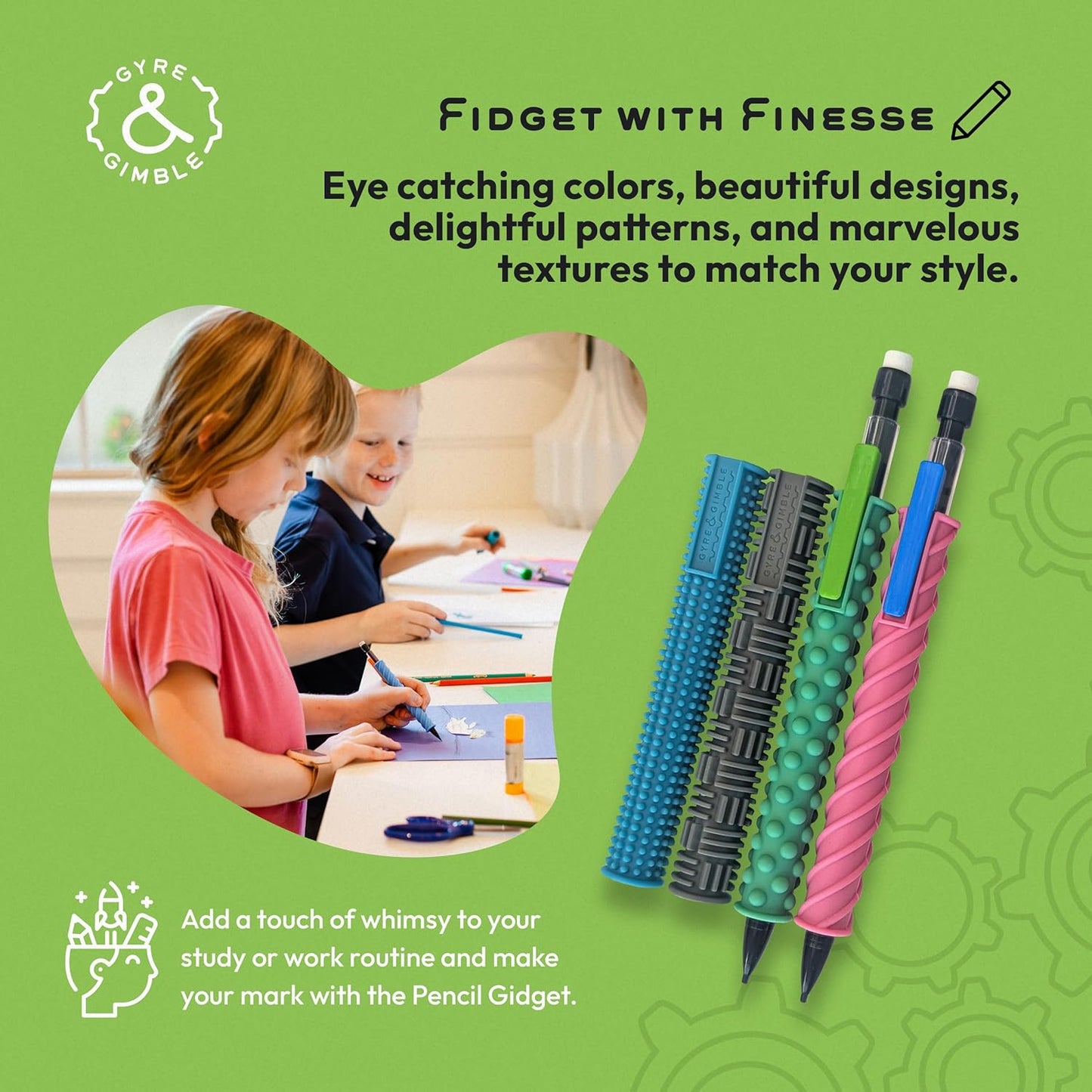 Gyre & Gimble Pencil Gidgets – Textured Silicone Pencil Sleeve for Quiet Fidgeting – Transform Your Mechanical Pencil into a Sensory ADHD Tool for Kids and Adults – 4 Sleeves & 2 Pencils
