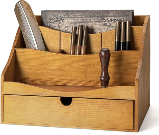 Rebee Vision Pine Wood Mail Organizer for Desk - Rustic Chic with Drawer & Dividers - 4-Slot File Holder & Small Items - Storage Organizer for Charming Home Decor(Yellow)