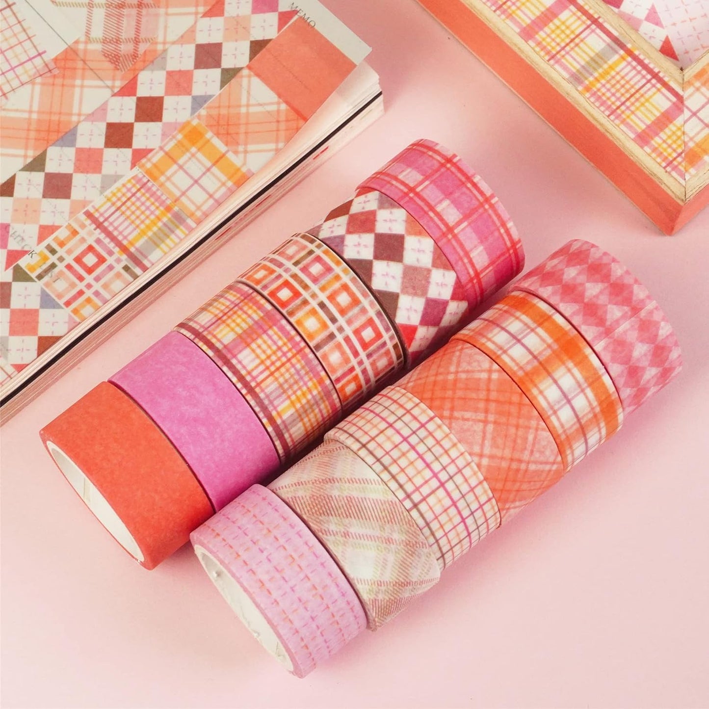 YUBX Basic Grid Washi Tape Set 12 Rolls Plaid Decorative Masking Tapes for Arts, DIY Crafts, Journals, Planners, Scrapbook, Wrapping (Pink)