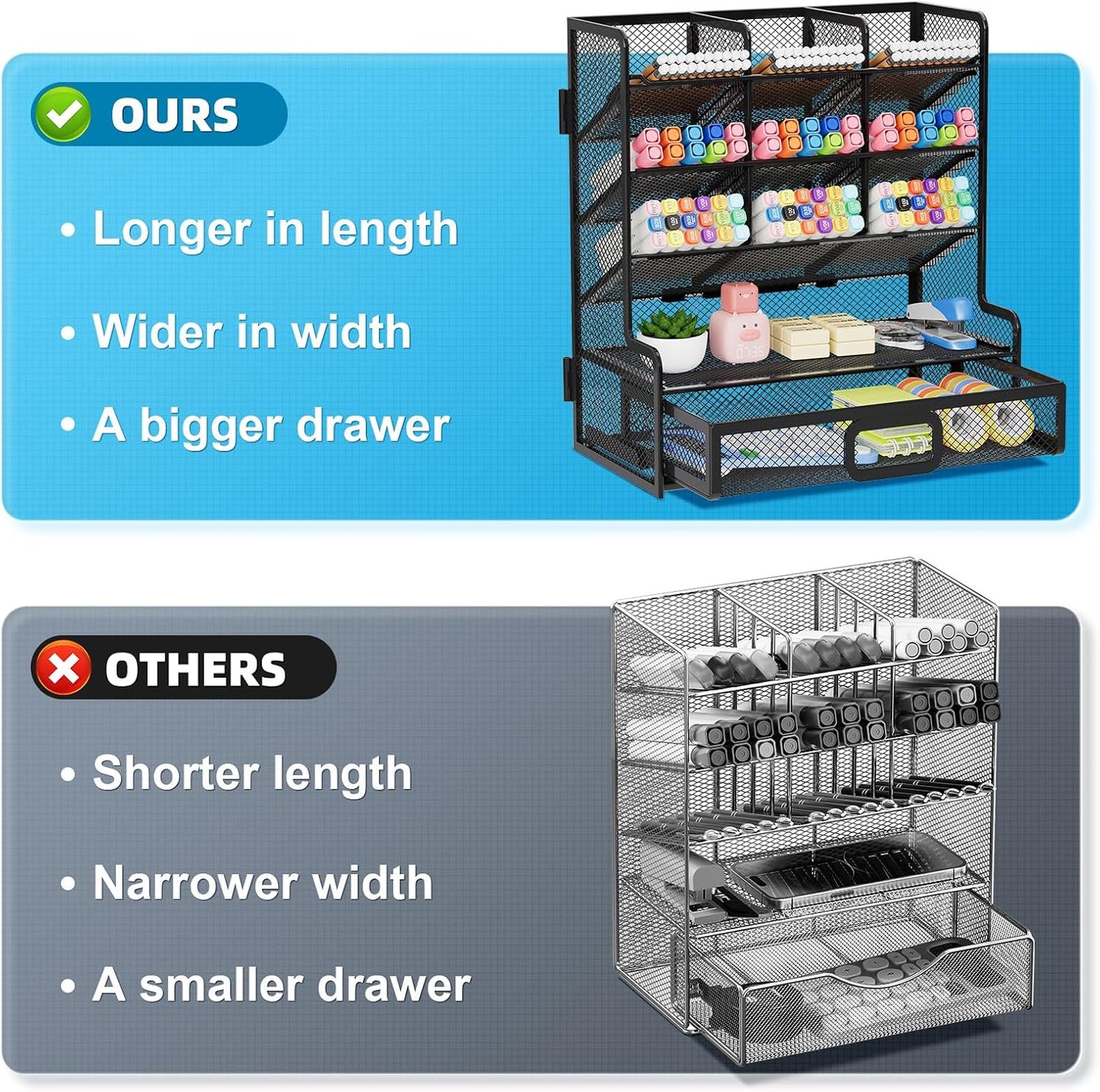 Marbrasse Larger Mesh Desk Organizer with Drawer, Multi-Functional Pen Pencil Holder, Easy Assembly, Desk Organizers and Accessories for Office Art Supplies (Black)