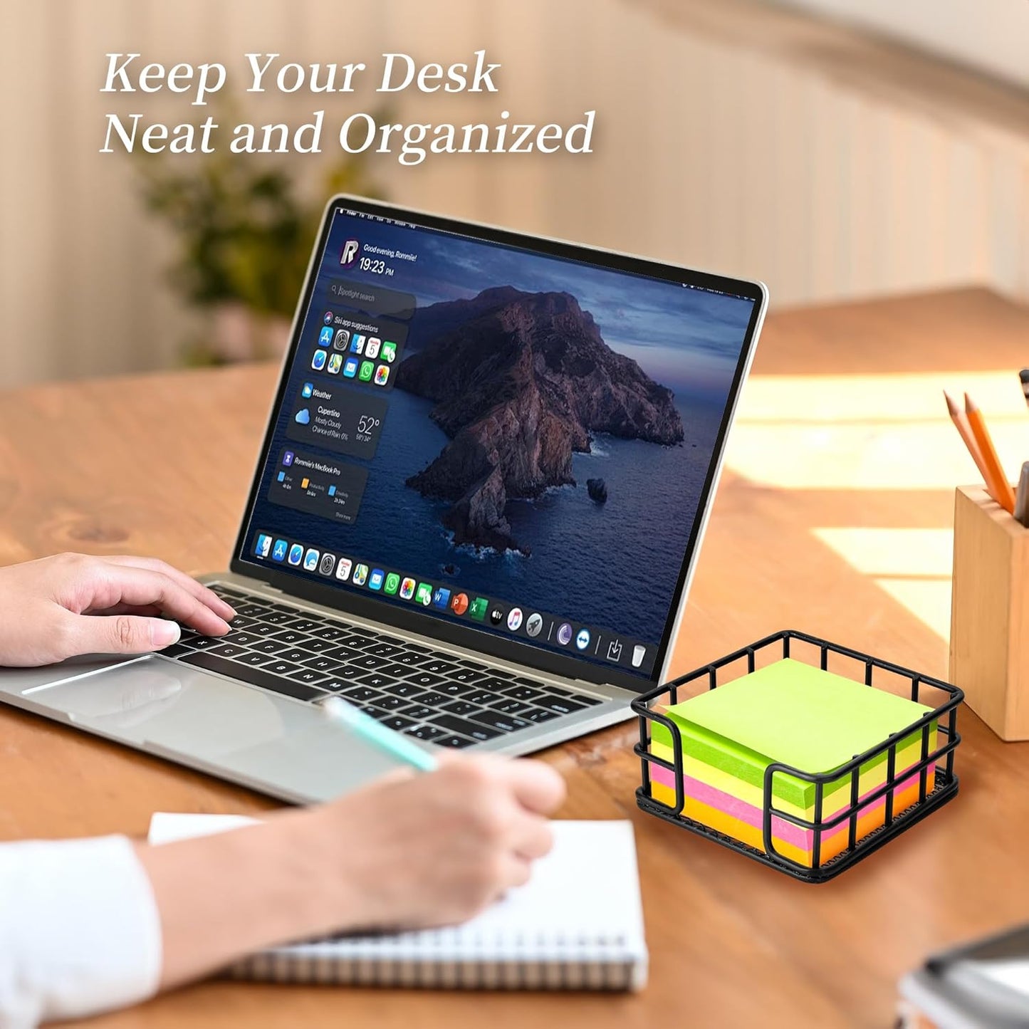 2 Pack Metal Sticky Note Holder, Modern Minimalist Black Wire Memo Note Cube Holder Dispenser Desk Organizer with Mesh Bottom for Home School Office