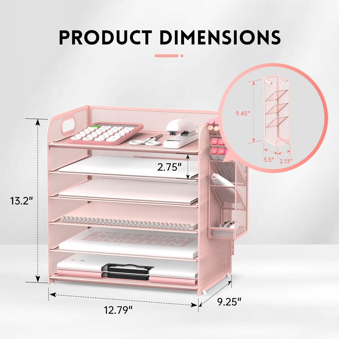 SUPEASY 6 Tier Desk Organizer with 4 Pen Holders, Mesh Paper Organizer Letter Tray with Handle, Desk Organizer Tray File Organizer for A4 File Folder, Rose Pink