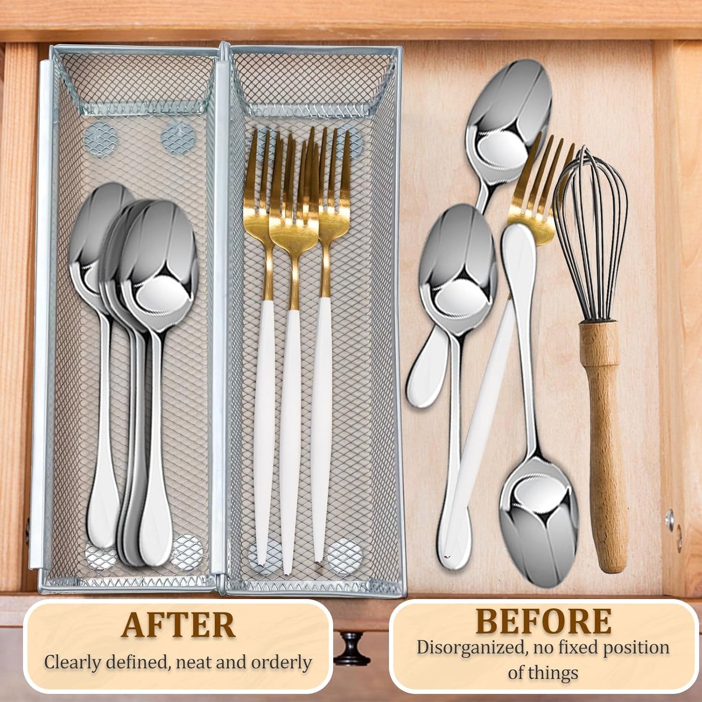 4PCS Drawer Organizer for Kitchen,Utensil Mesh Drawer Organizer with Interlocking Arm for Cosmetic,Flatware,Pen (9 * 3 * 2 Inches,Grey)