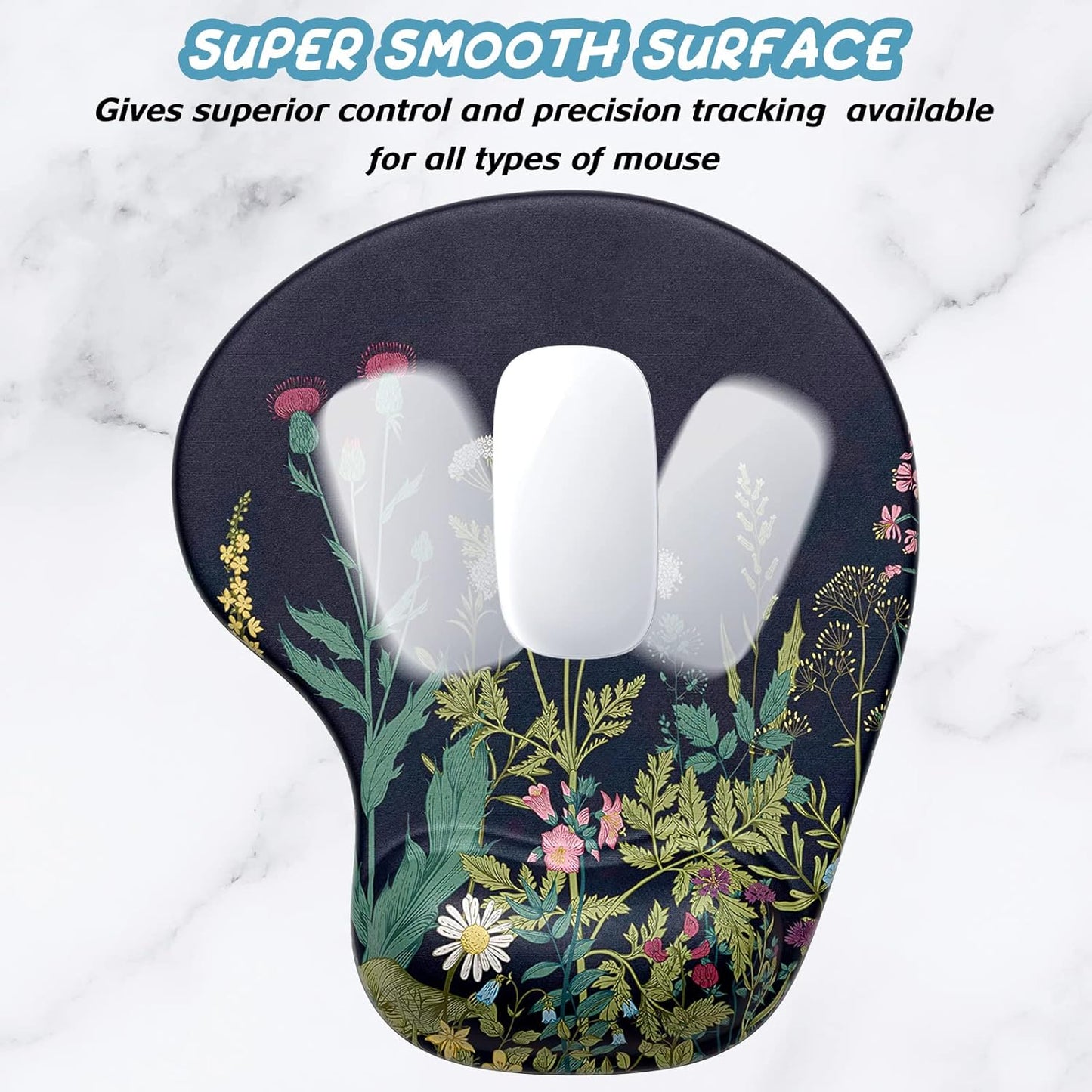 Hsurbtra Ergonomic Mouse Pad with Wrist Rest Support, Gel Mouse Pads with Non-Slip PU Base, Pain Relief Memory Foam Computer Mat, Cute Office Supplies Desk Decro Accessories, Black Flower