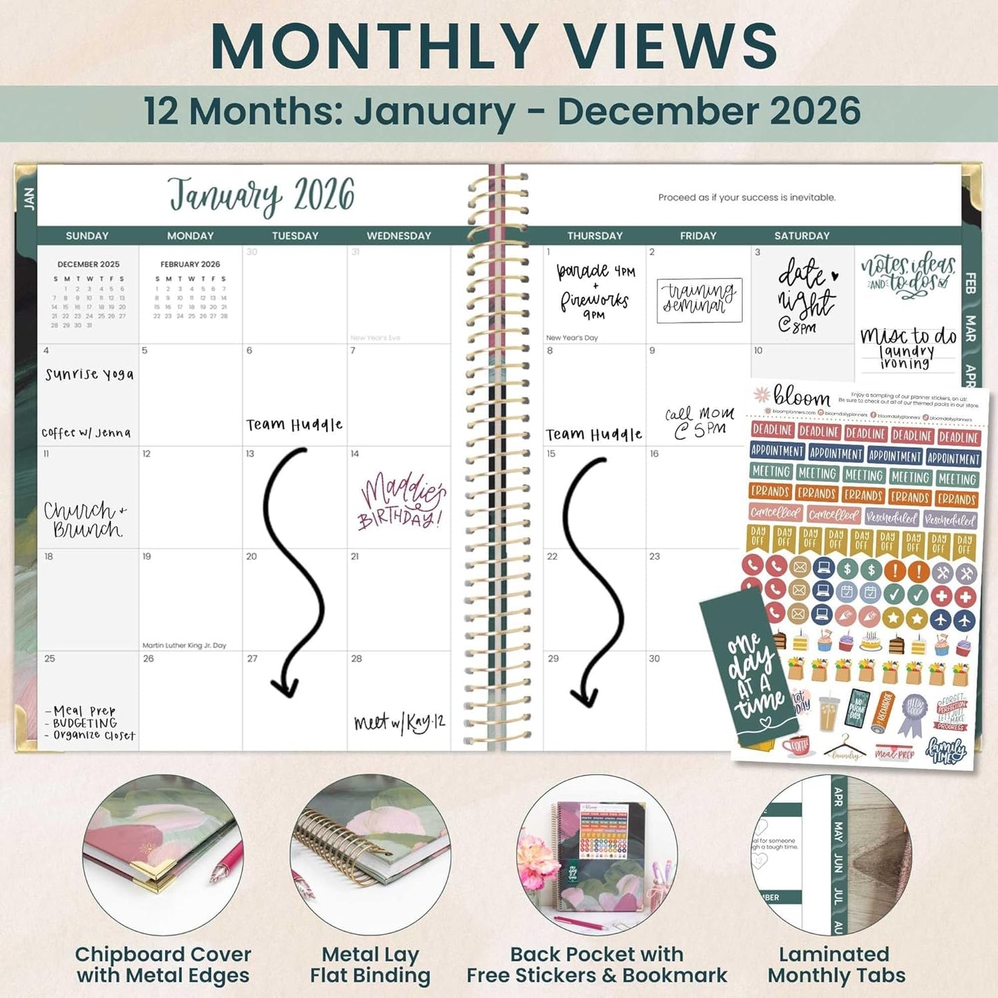 bloom daily planners HARDCOVER 2026 Planner (January to December) - 8.5” x 11” Weekly & Monthly Dated Agenda Organizer Book with Stickers & Tabs - Emerald Paint Strokes