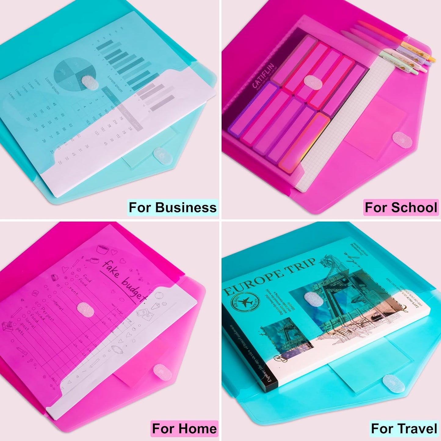 CATIFLIN 24 Pack Plastic Envelopes A4 Letter Size File Folders, Clear Poly Document Holders with Labels, Waterproof Pocket Pouches for School Office Home Organizer Supplies