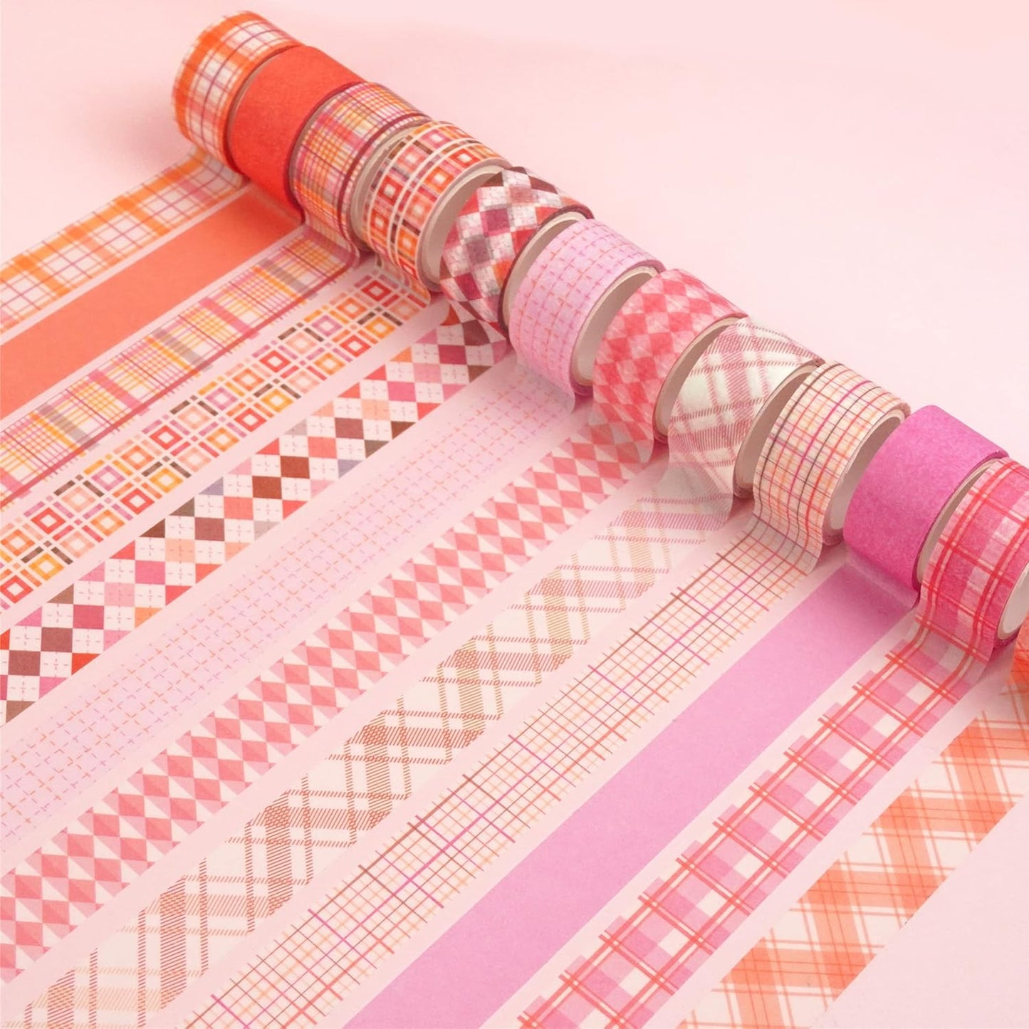 YUBX Basic Grid Washi Tape Set 12 Rolls Plaid Decorative Masking Tapes for Arts, DIY Crafts, Journals, Planners, Scrapbook, Wrapping (Pink)