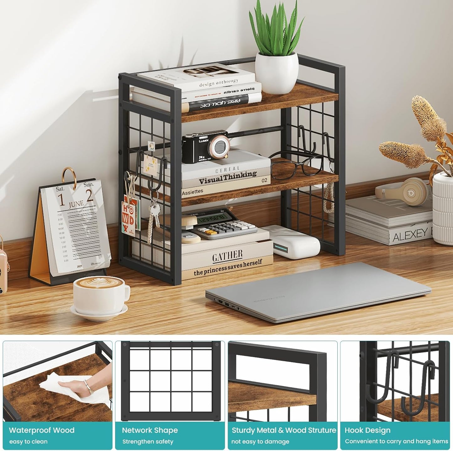 ELITEROO Desktop Shelf Organizer, 2 Tier Wood Desk Bookshelf, Desk Top Storage Rack for Office, Dorm, or Bedroom Decor, Small Tabletop Shelf for Books, Plants & Accessories, Rustic Brown