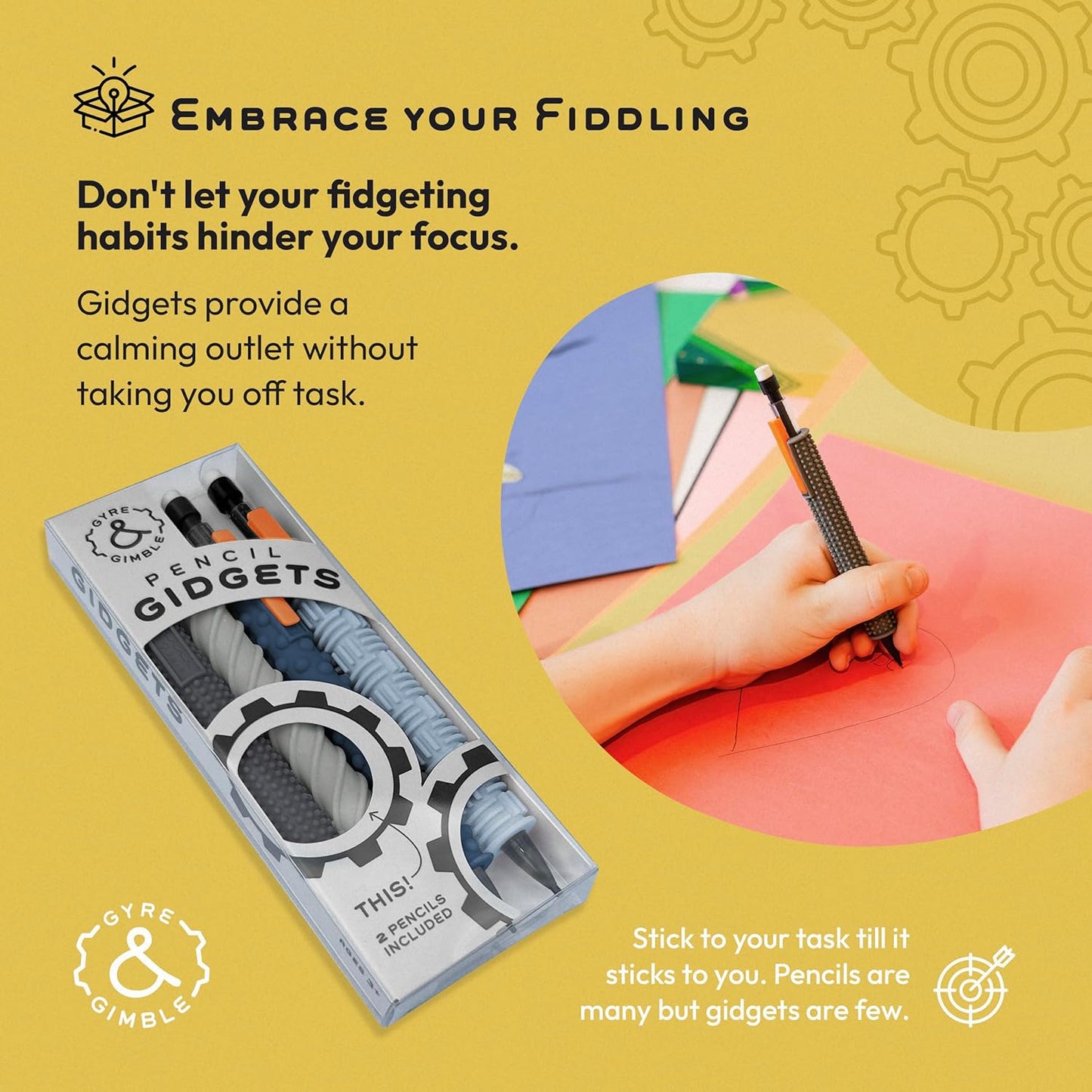 Gyre & Gimble Pencil Gidgets – Textured Silicone Pencil Sleeve for Quiet Fidgeting – Transform Your Mechanical Pencil into a Sensory ADHD Tool for Kids and Adults – 4 Sleeves & 2 Pencils