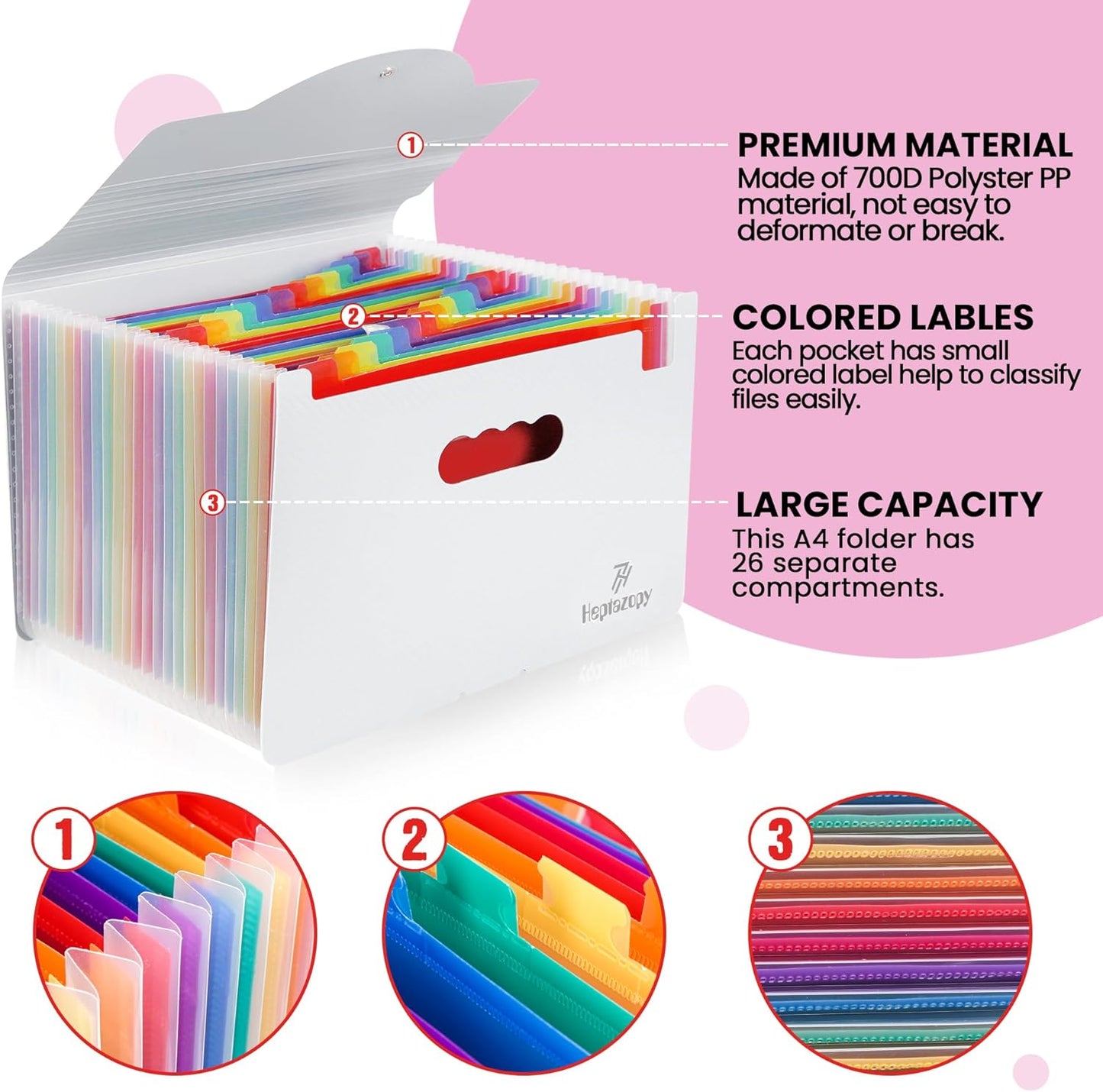 Plastic Accordion File Organizer, 26 Pockets Expandable File Folder Organizer, A4 Letter Size Filing Organizer with Colorful Tabs, Elastic Cord, 60 Paper Clip, Label & Stickers for Office School Home