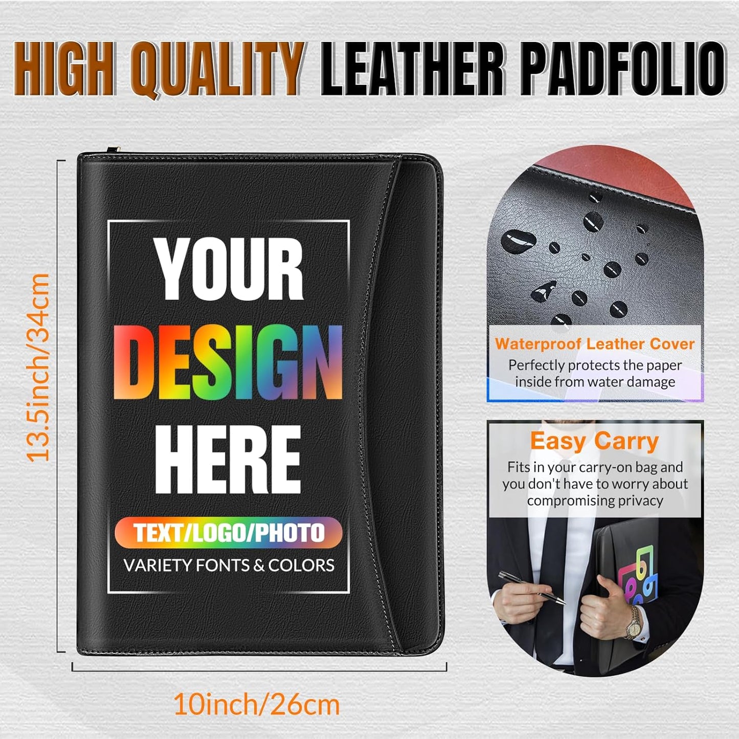 Personalized Portfolio with Zipper Logo Text Photo Custom Business Leather Folder Organizer with Clipboard Card Binder for Men Women Customized Padfolio for Gift Resume Interview Case Office