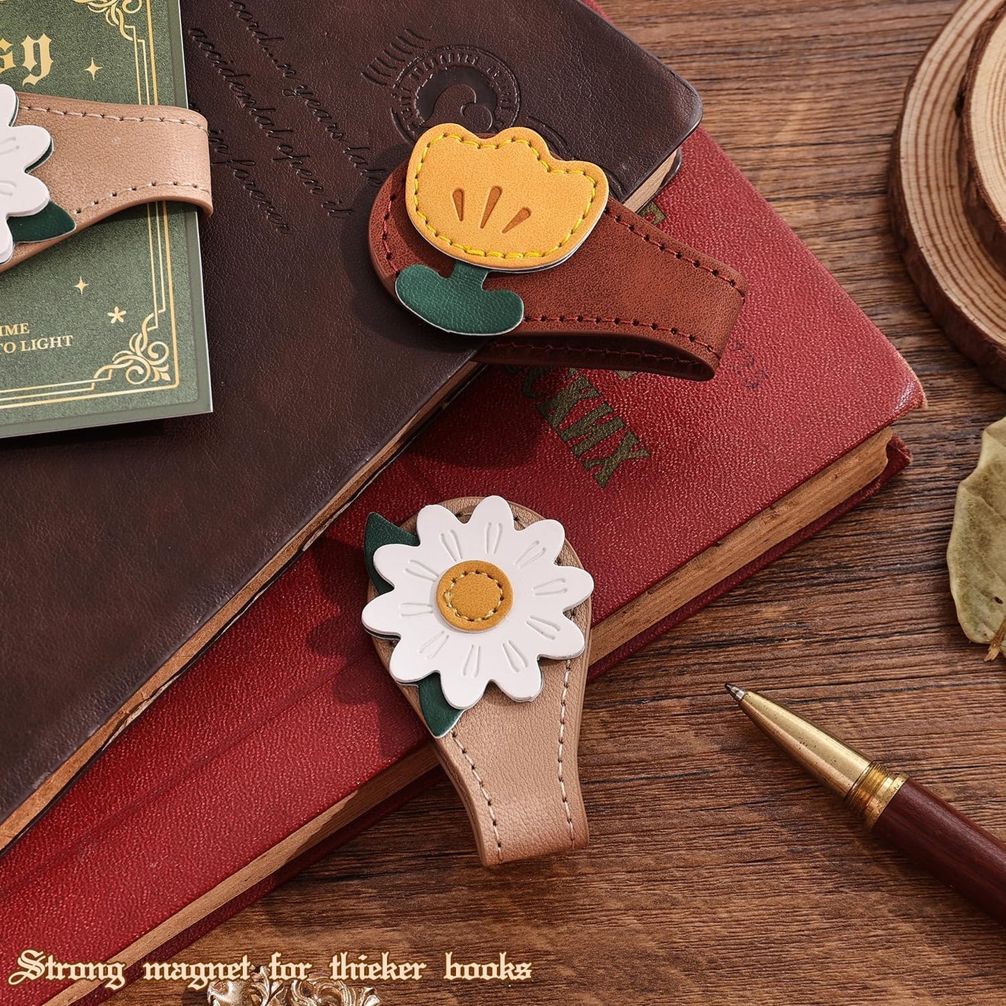 2PCS Vintage Magnetic Leather Bookmark, Leather Magnetic Bookmarks for Women, Magnetic PU Bookmarks Clip Book Accessories, Daisy & Tulip