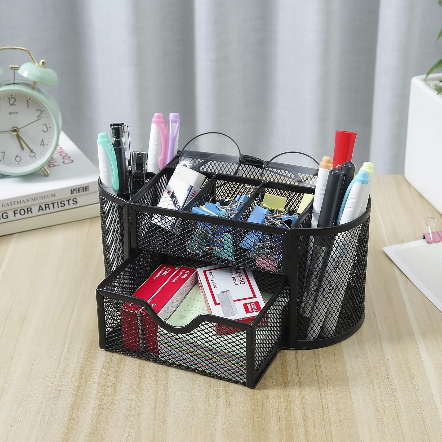 Desk Organizer Mesh Desktop Office Supplies Multi-functional Caddy Pen Holder Stationery with 8 Compartments and 1 Drawer for Office, Home, School, Classroom (Black)