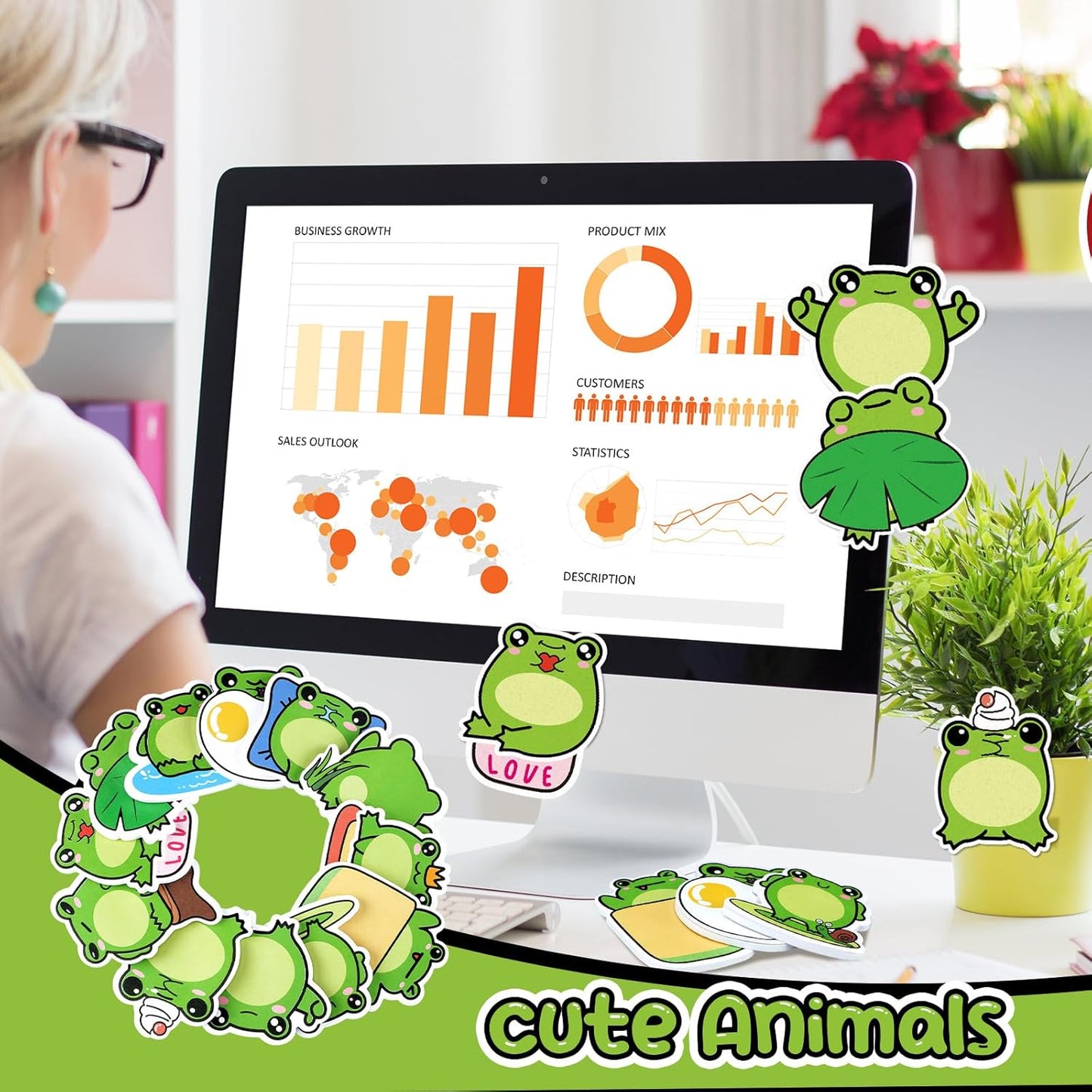 Yinder 24 Pads Cute Sticky Notes Fun Kawaii Animal Sticky Notes Pads Bulk Cartoon Memo Self Adhesive Gift for Christmas Veterinary Office School Tab Party Supplies(Frog)