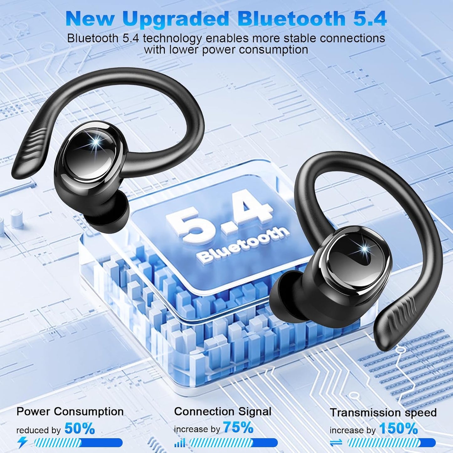 Wireless Earbuds Sport, New Bluetooth 5.4 Headphones with Earhooks, 50H Stereo Deep Bass Over Ear Buds with 4 ENC Noise Canceling Mics, IP7 Waterproof Earphones for Running Workout Gym -Black