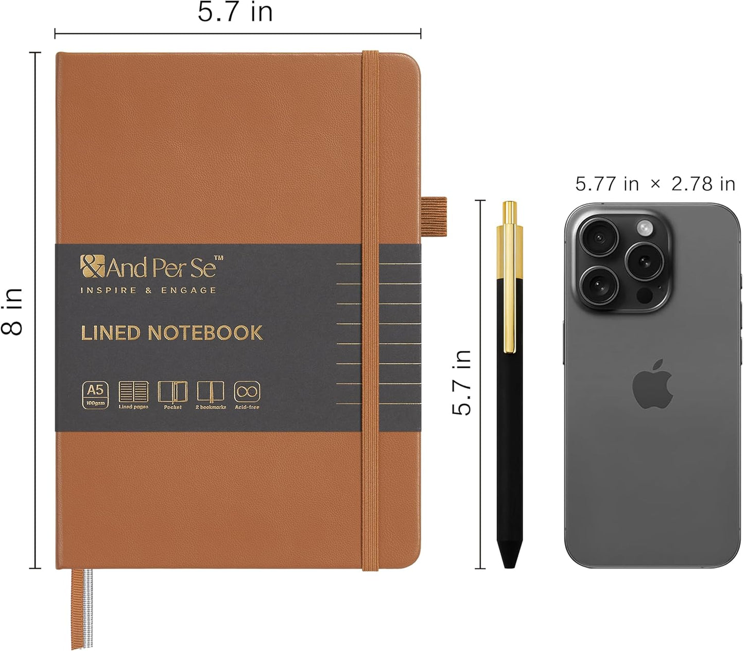 &And Per Se Lined Journal and Pen Set, A5 Leather Journal Stationery Set, 160 Pages 100GSM Thick Paper, Notebook Gift Set (Light Brown-Set1)