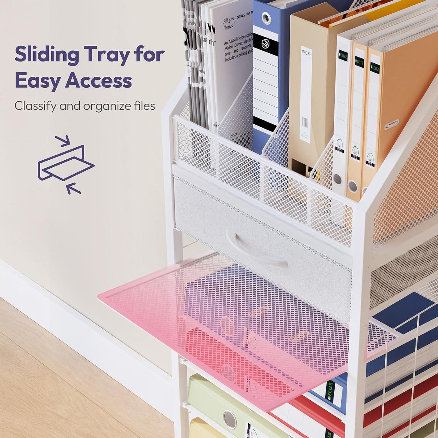 SWTYMIKI 9-Tier Rolling File Cart - Paper Organizer with Drawer and Trays, Wood Desk Office Organizer, Office Organization and Binder Storage for Workspace, Home, School, White