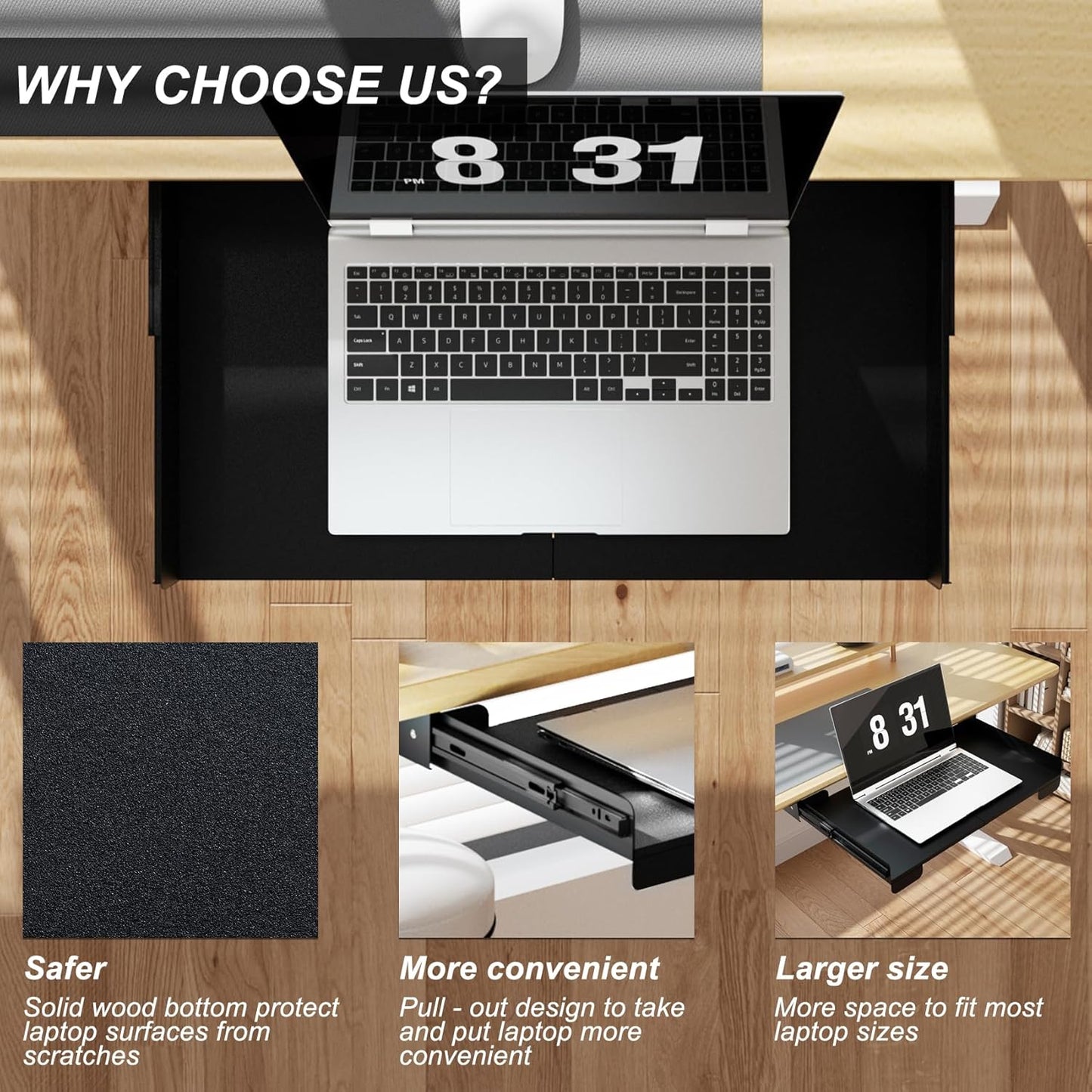 20 Inch Under Desk Mounted Sliding Loptop Drawer, Desktop Extension Pull-Out Laptop Tray for Office Desk, Extra Storage Organizer for Sit Stand Workstation