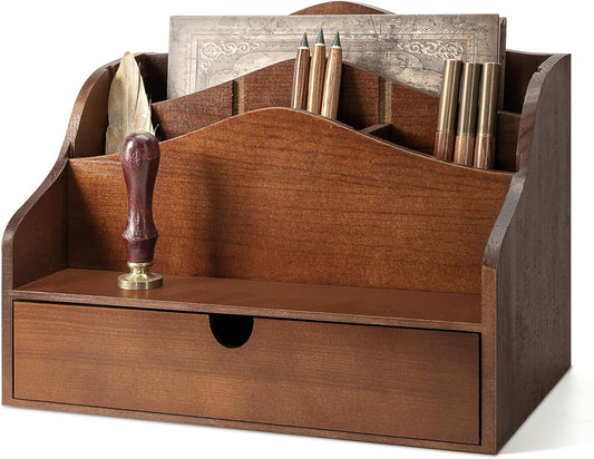 Pine Wood Mail Organizer for Desk - Rustic Mail Sorter with Drawer & Dividers - 4-Slot Mail Sorter for Letters, Files & Small Essentials - Wooden Desk Organizer for Farmhouse Home Decor (Brown)