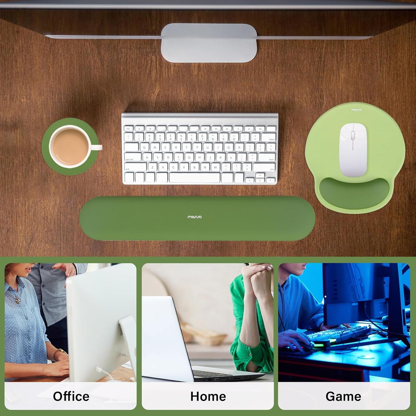MOSISO Wrist Rest Support for Mouse Pad&Keyboard Set, Circle Curved Ergonomic Mousepad&Coaster Non-Slip Base Home/Office Pain Relief&Easy Typing Pad with Soft Cloth&Silicone Lining, Olive Green