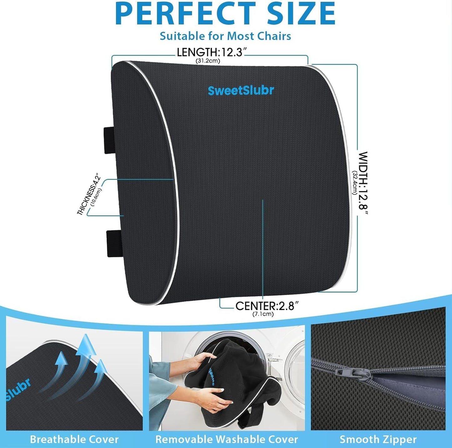 Lumbar Support Pillow for Office Chair, Car Seats and Home Desks, Ergonomic Back Support with Double Adjustable Straps, Machine Washable Cover, Grey