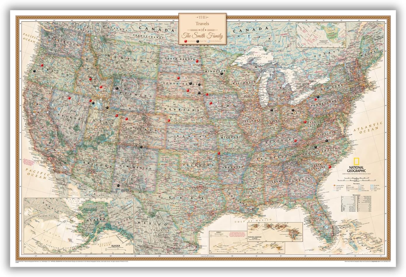 Personalized Canvas Rolled Poster USA Map Wall Art with Pins – Large 24" x 36" Executive Map of the USA – Push Pin Travel Decor for Home or Office