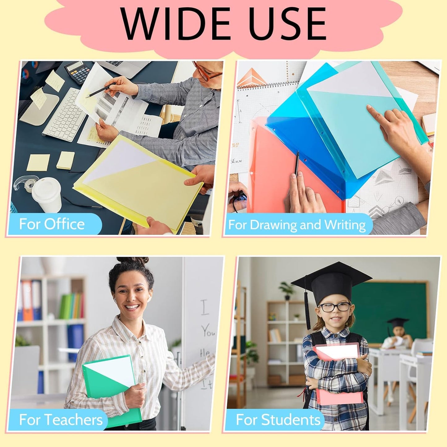 Maitys 30 Pack Binder Pockets 3 Hole Punch Clear Plastic Document Folders Binder Organizer Store Letter Size 8.5x11 Inch Paper Folders with Pockets Slash File Jacket for Office (Candy Color)