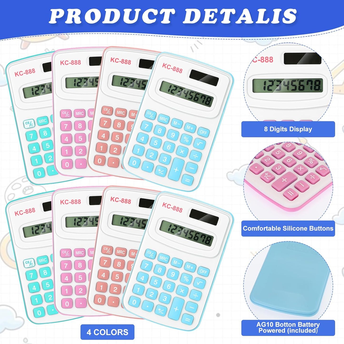 Hoteam 16 Pcs Pocket Calculator Gift for Students Bulk Mini Handheld Calculator Basic Standard Calculators with Button Battery 8 Digit Display for School Office Home(Light Color)