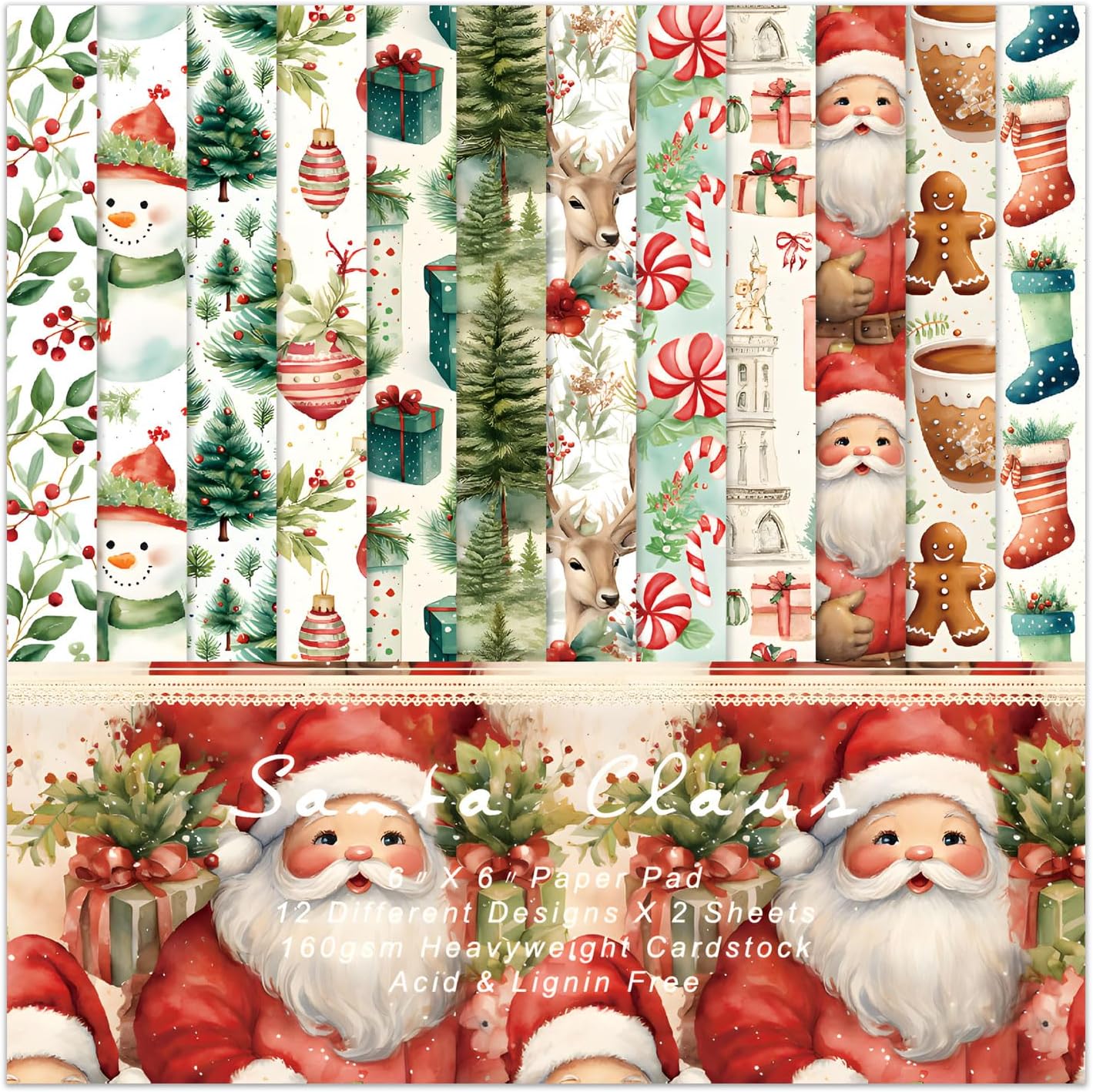 Christmas Scrapbook Paper Pad 6''x 6'' - 24 Sheets Santa Claus Snowman Patterned Designed Decorative Decoupage Folded Card Material DIY Crafts Wrapping Planners Journals Photo Album