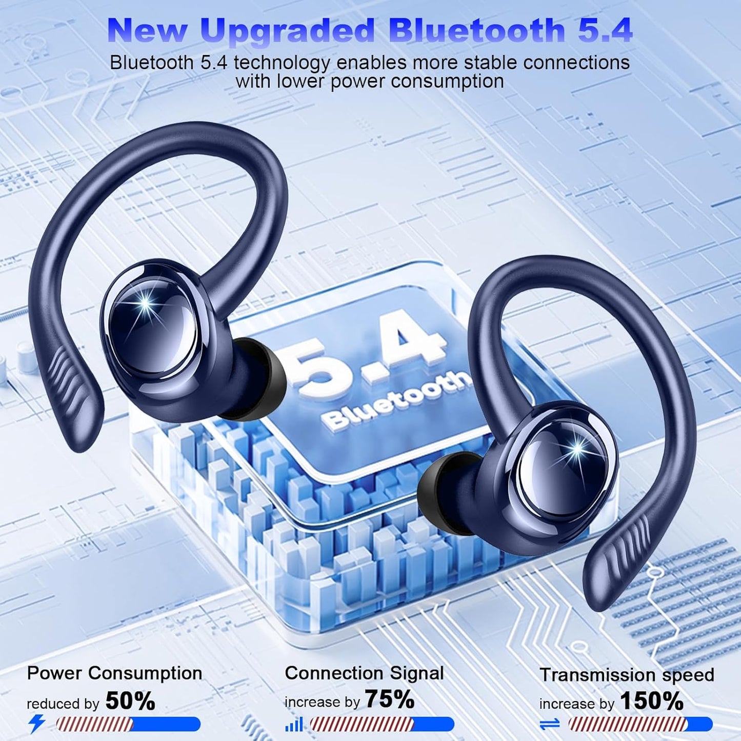 Wireless Earbuds Sport, New Bluetooth 5.4 Headphones with Earhooks, 50H Stereo Deep Bass Over Ear Buds with 4 ENC Noise Canceling Mics, IP7 Waterproof Earphones for Running Workout Gym -Blue