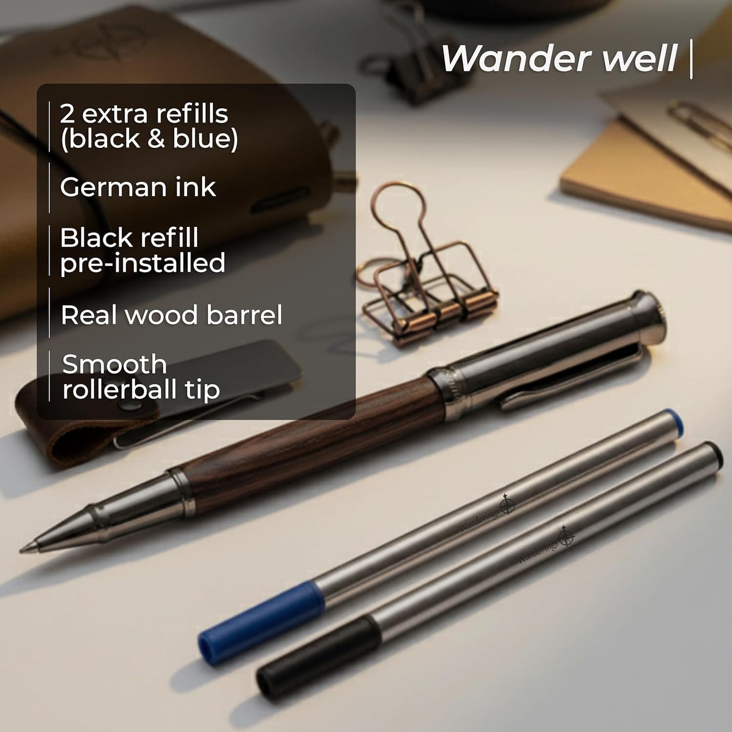 WANDERINGS Regular Size Travelers Notebook/Handcrafted Genuine Leather Journal - 4.5"x8.5" / 11.5cm x 22cm - Includes a Pen Holder with a Pen and 2 extra Ink Refills, a PVC Folder, and a Binder Clip