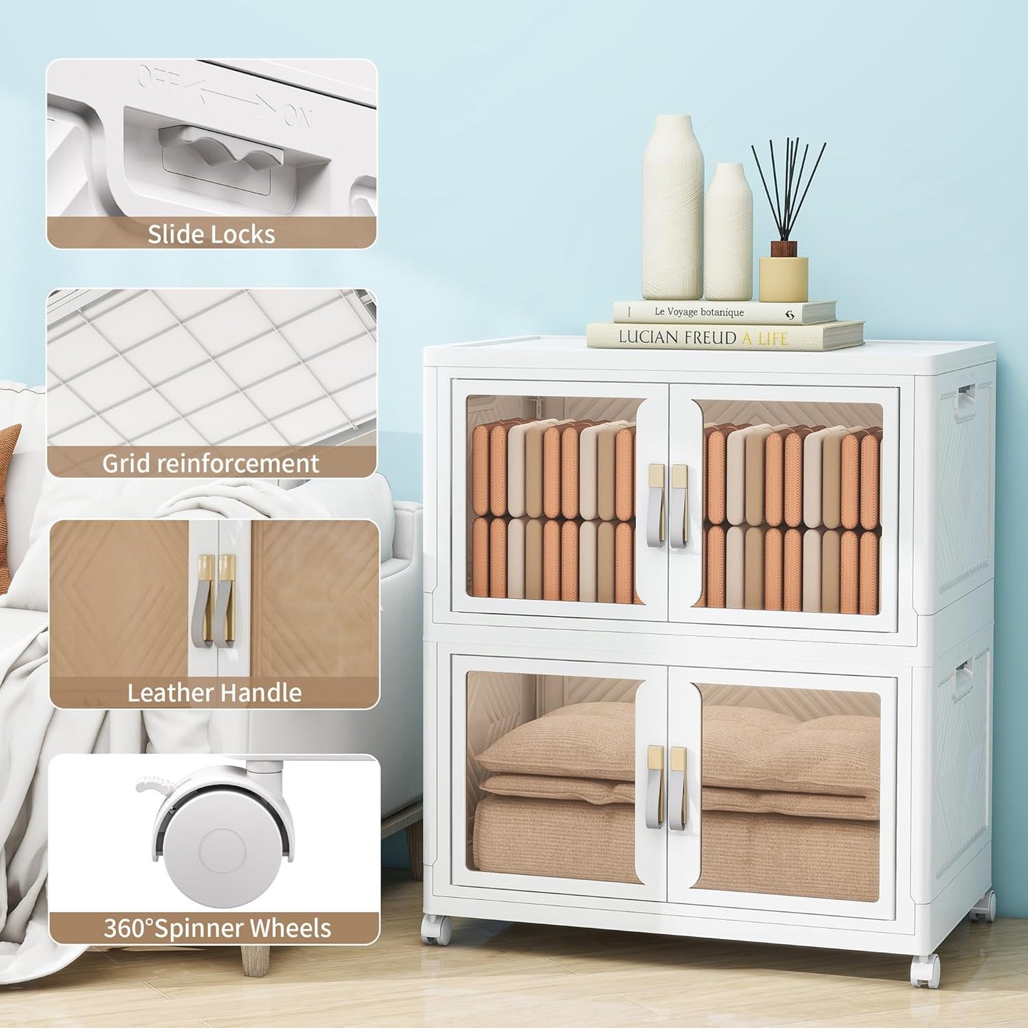 Large Stackable Storage Bins with Lids, 330QT-165QT*2Tier Foldable Cabinet for Closet Organizers, Plastic Storage Containers Box with Wheels