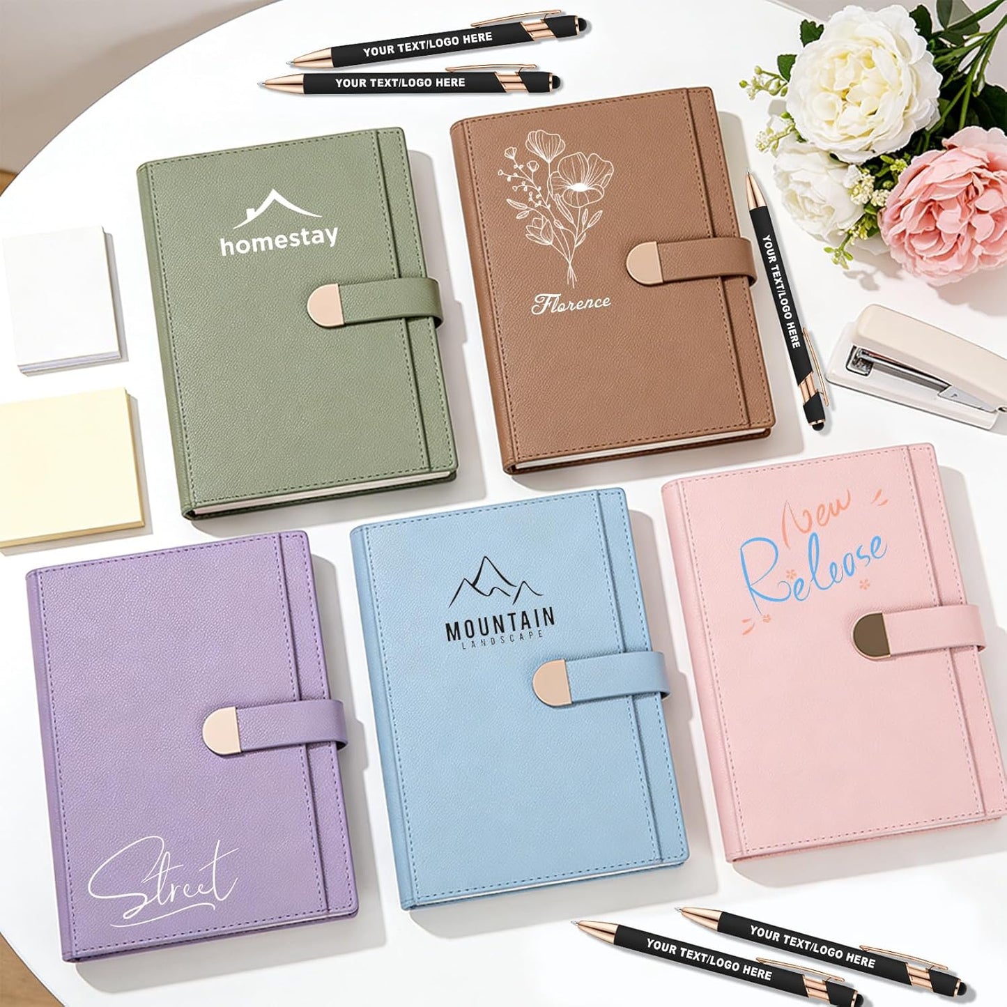 ENOMY Personalized Notebook &10 PC Stylus Pens Custom A5 Notebook with Storage Pocket Personalized Journal with Magnetic Closure for College Holiday Office Business Gift, Pink
