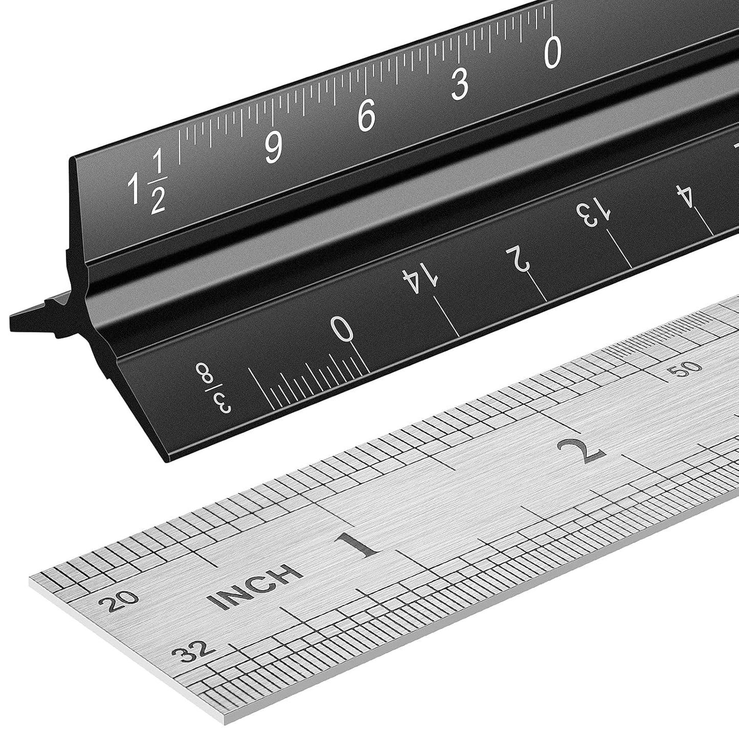 Architectural Scale Ruler Set, 2 Pack 12 Inch Aluminum Architect Ruler with Standard Metal Ruler, Imperial Architect Triangular Ruler with Etching for Architects, Engineers, Students and Draftsman