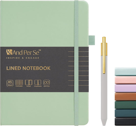 &And Per Se Lined Journal and Pen Set, A5 Leather Journal Stationery Set, 160 Pages 100GSM Thick Paper, Notebook Gift Set (Light Green)