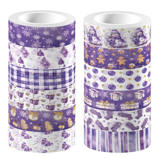 12 Pcs Purple Christmas Washi Tape Watercolor Xmas Pattern Masking Tape Decorations Purple Christmas Decorative Paper Sticker for Vintage Journals, Planners, DIY Craft Gift Wrapping