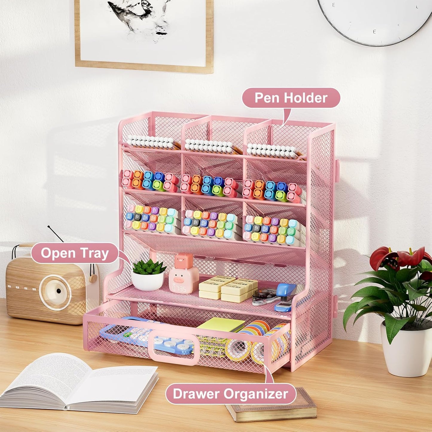 Marbrasse Larger Mesh Desk Organizer with Drawer, Multi-Functional Pen Pencil Holder, Easy Assembly, Desk Organizers and Accessories for Office Art Supplies (Pink)