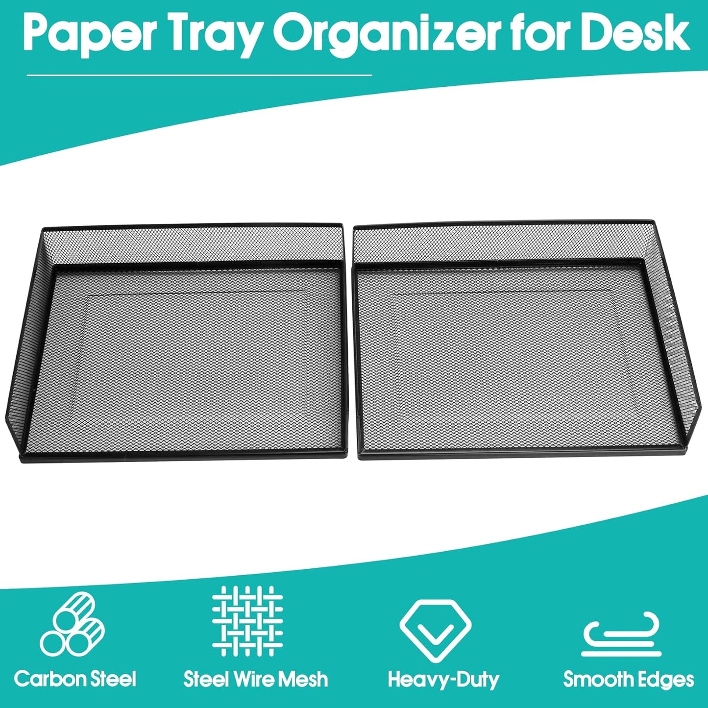 Wire Mesh Letter Trays Paper Tray Desk File Organizer, 2 Pack Stackable Metal Front-Load Documents Tray for Office Supplies File (Transverse)