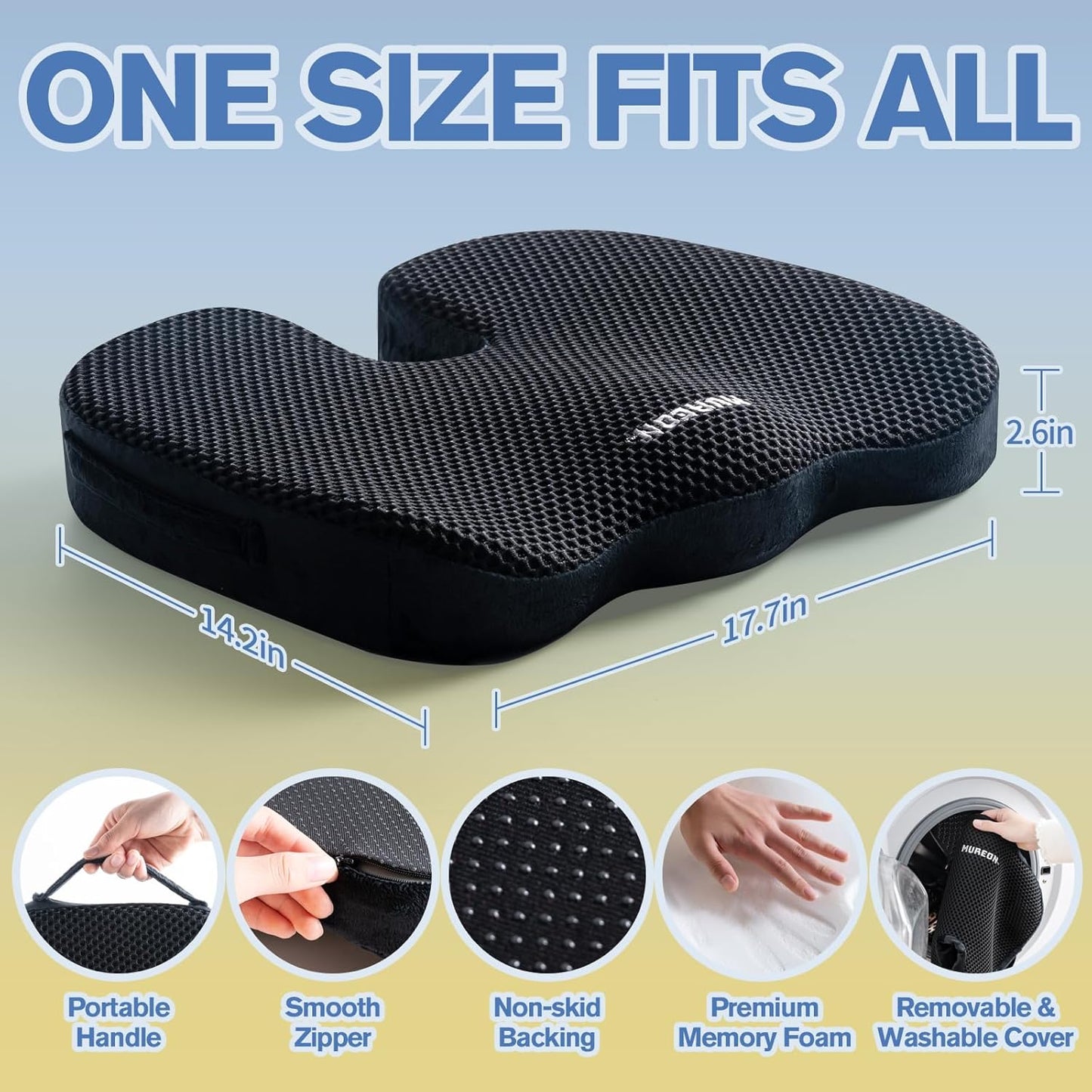 Seat Cushion for Office Chairs, Large Memory Foam Cushion for Car, Pressure Relief Ergonomic Chair Cushion with Non-Slip Cover for Soft Support for Hip All Day Comfort - Black