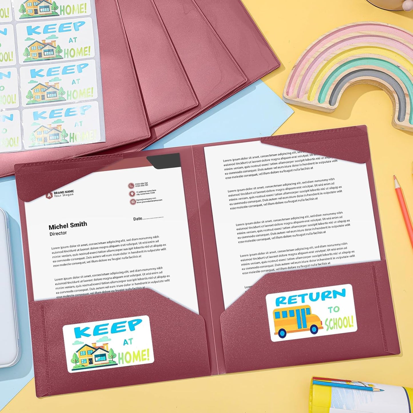 Henoyso 24 Set Parent Teacher Communication Folder with Clear Front Pocket Take Home Heavy Duty 2 Pocket Homework Folder for Student with School and Home Stickers, 12 x 9.45 Inch(Burgundy)