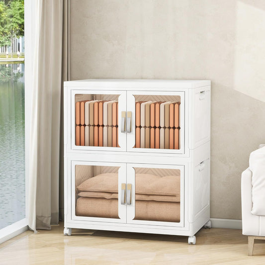 Large Stackable Storage Bins with Lids, 330QT-165QT*2Tier Foldable Cabinet for Closet Organizers, Plastic Storage Containers Box with Wheels