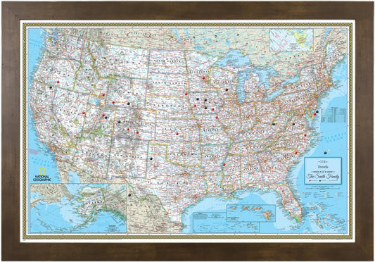 Personalized Classic USA Map Pin Board for Tracking Journeys - Framed United States Travel Map with Pins for Wall - 27.5" x 39.5" Rustic Brown Frame