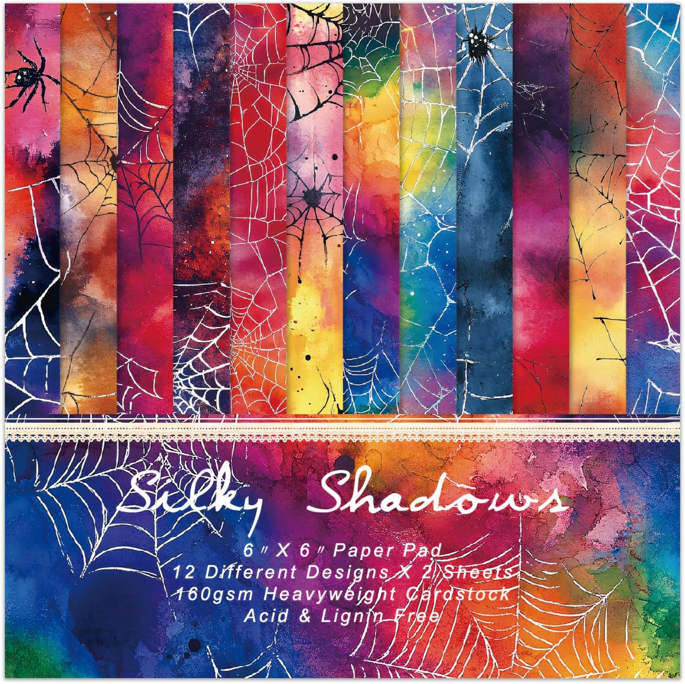 6x6 In Colorful Scrapbook Paper Pad - 24 Sheets Spiderweb Patterns Designed Decorative Decoupage Folded Card Making Material for Journals DIY Crafts Gift Wrapping Planners