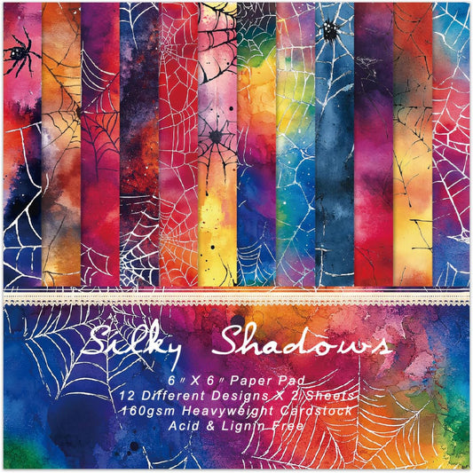 6x6 In Colorful Scrapbook Paper Pad - 24 Sheets Spiderweb Patterns Designed Decorative Decoupage Folded Card Making Material for Journals DIY Crafts Gift Wrapping Planners