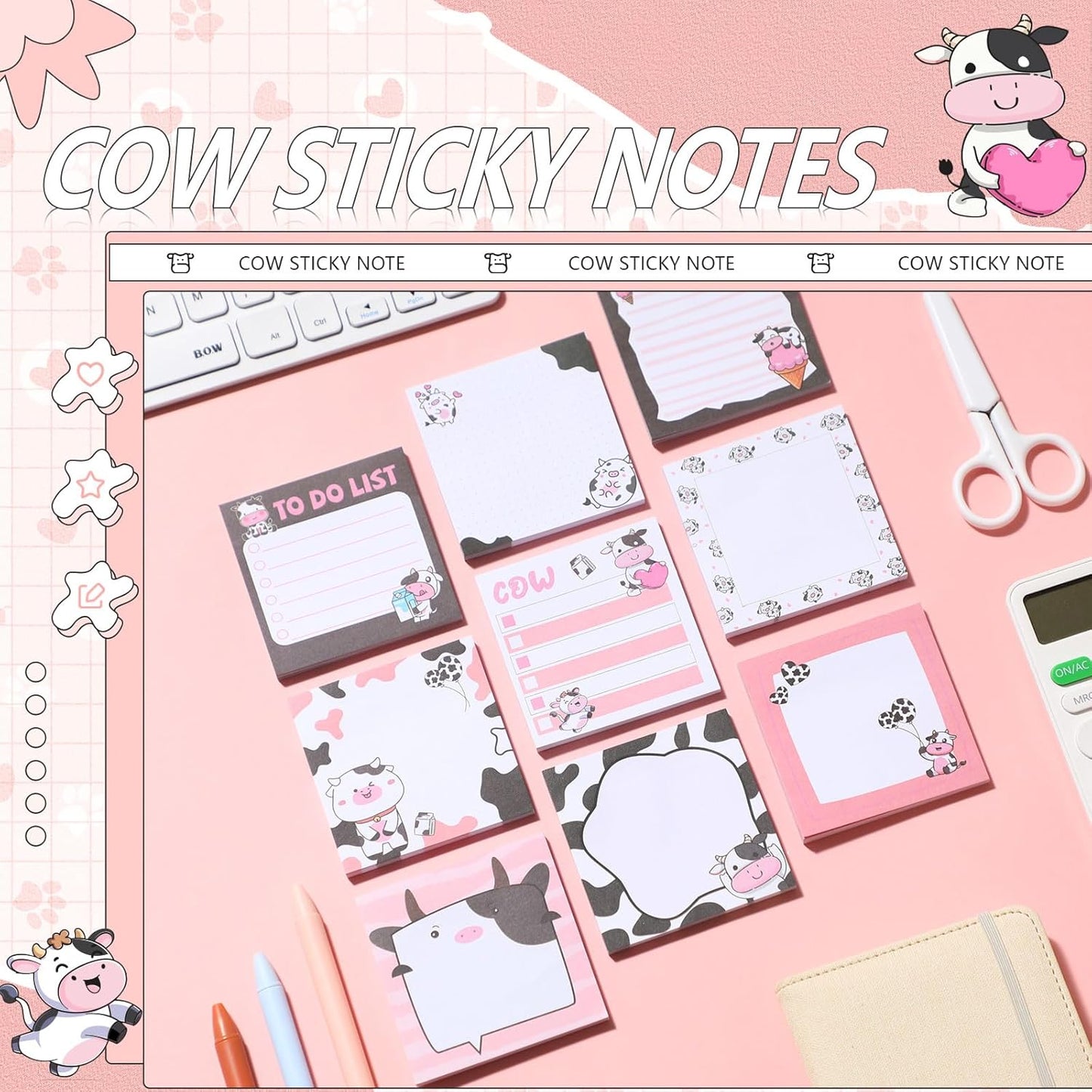 9 Pads Cow Sticky Notes 3x3 Inch Cute Self Stick Notepads Notes Adhesive Memo Pad Office Decor Gifts for Students School Teacher Meeting Office Supplies