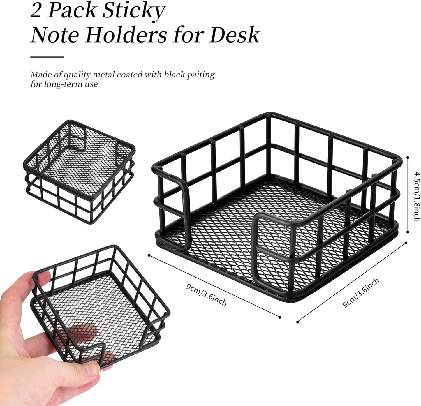 2 Pack Metal Sticky Note Holder, Modern Minimalist Black Wire Memo Note Cube Holder Dispenser Desk Organizer with Mesh Bottom for Home School Office