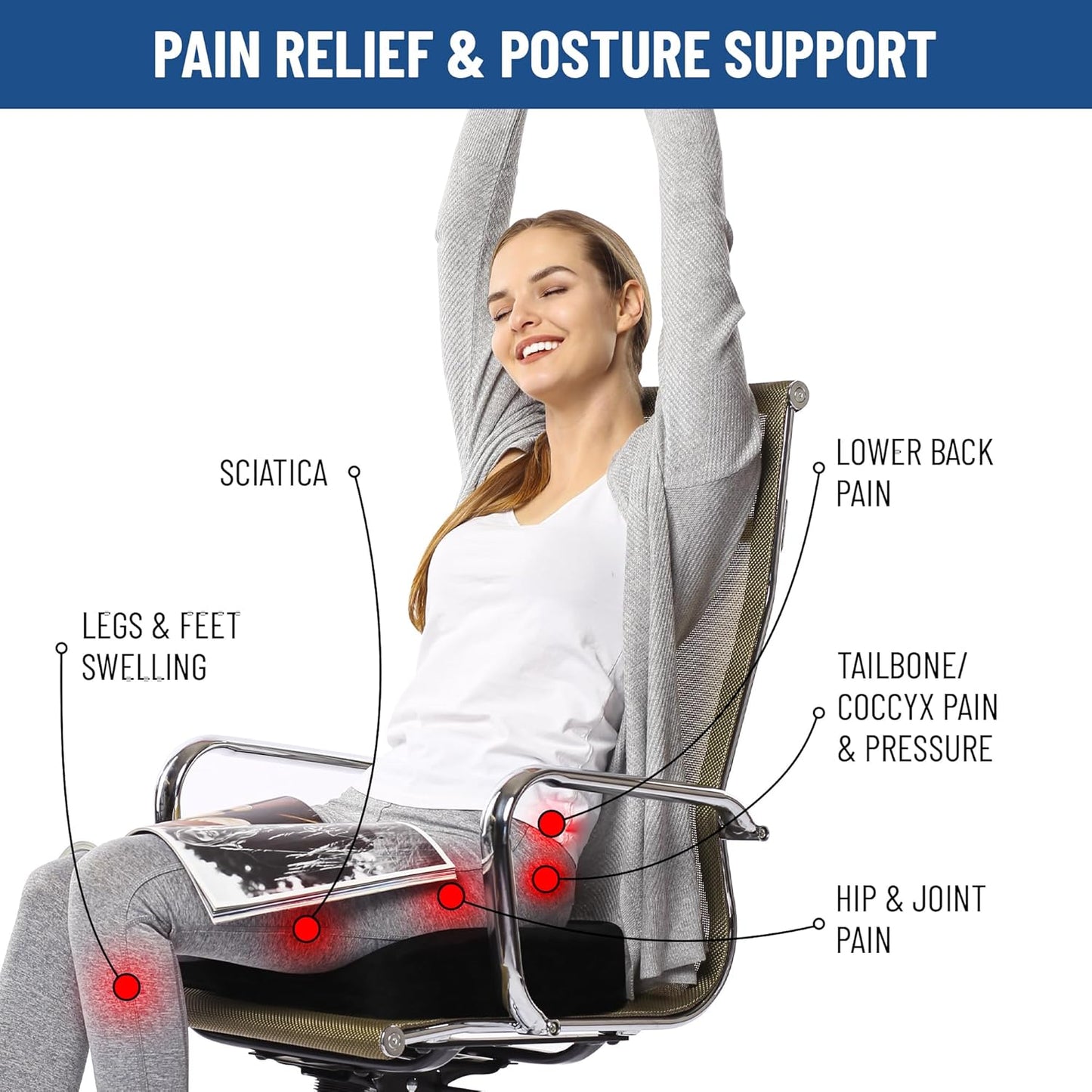 Everlasting Comfort Doctor Recommended Memory Foam Seat Cushion for Office Chairs & Car - Ergonomic Office Desk Accessories - Cushions for Tailbone Pain Relief, Sciatica (Black, X-Large)